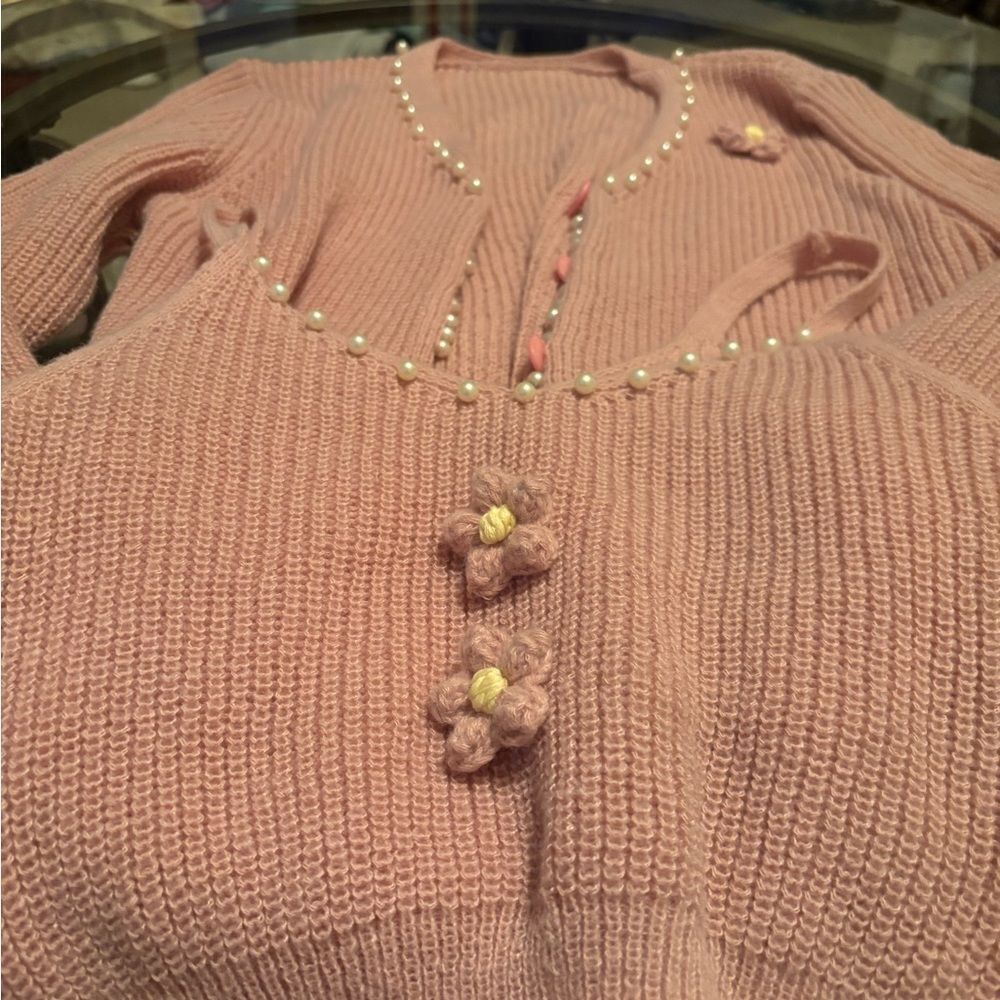 Pink Cardigan with matching tank Pearl and Flower Accents